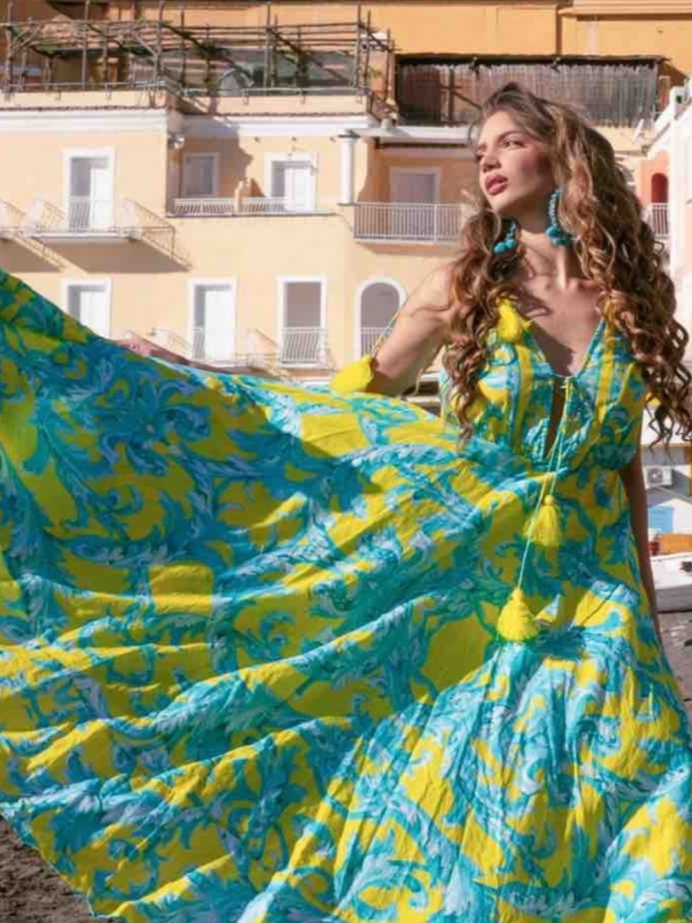 Antica Sartoria 2026 Aqua and yellow  Floral V-Neck Maxi Dress NWT O/S